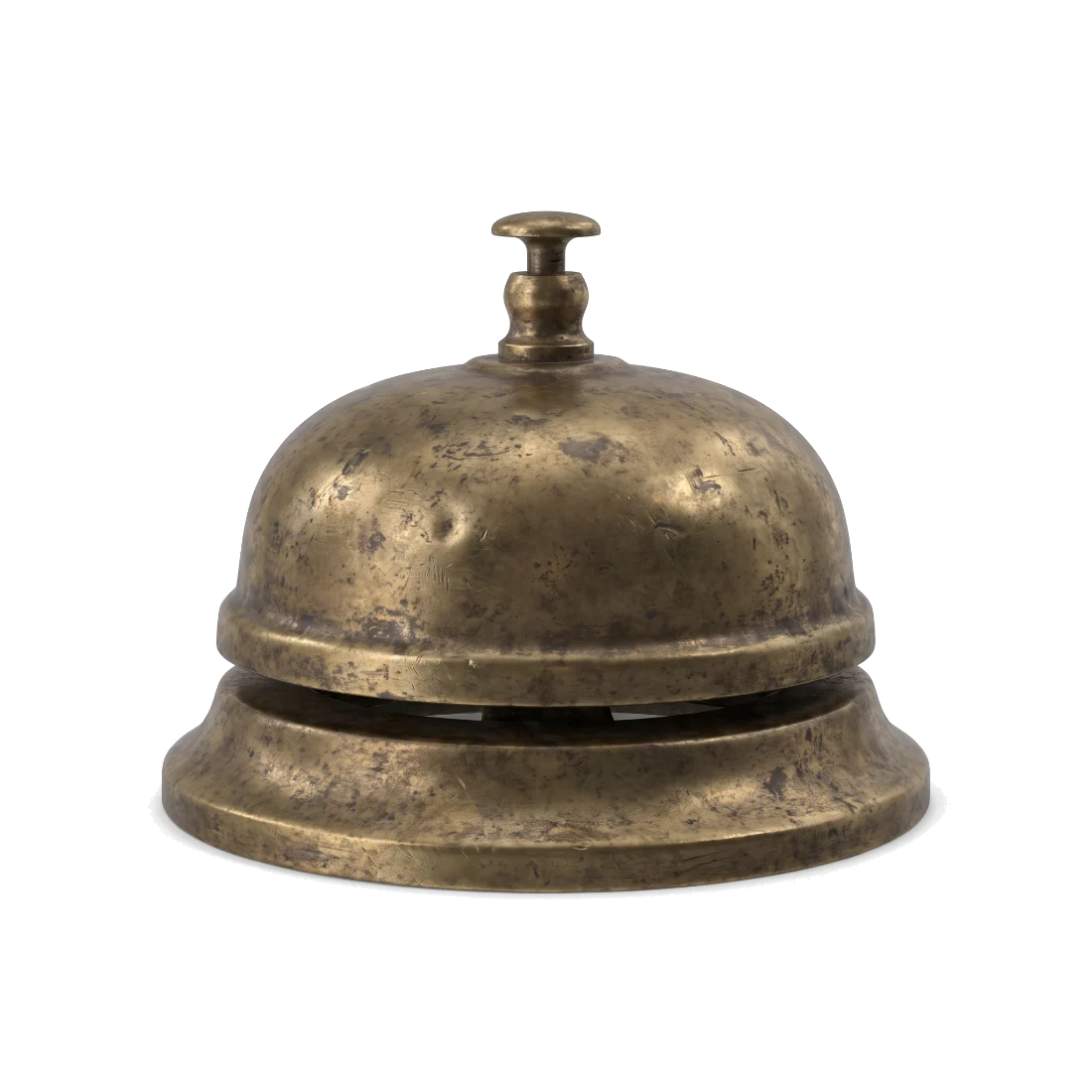 An old brass counter service bell, tarnished and dented from long use.