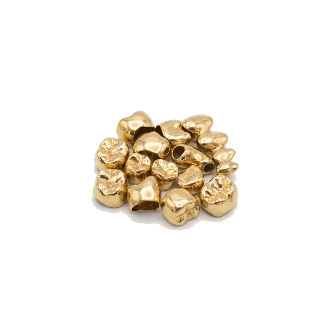A small heap of dental gold crowns and bridgework.