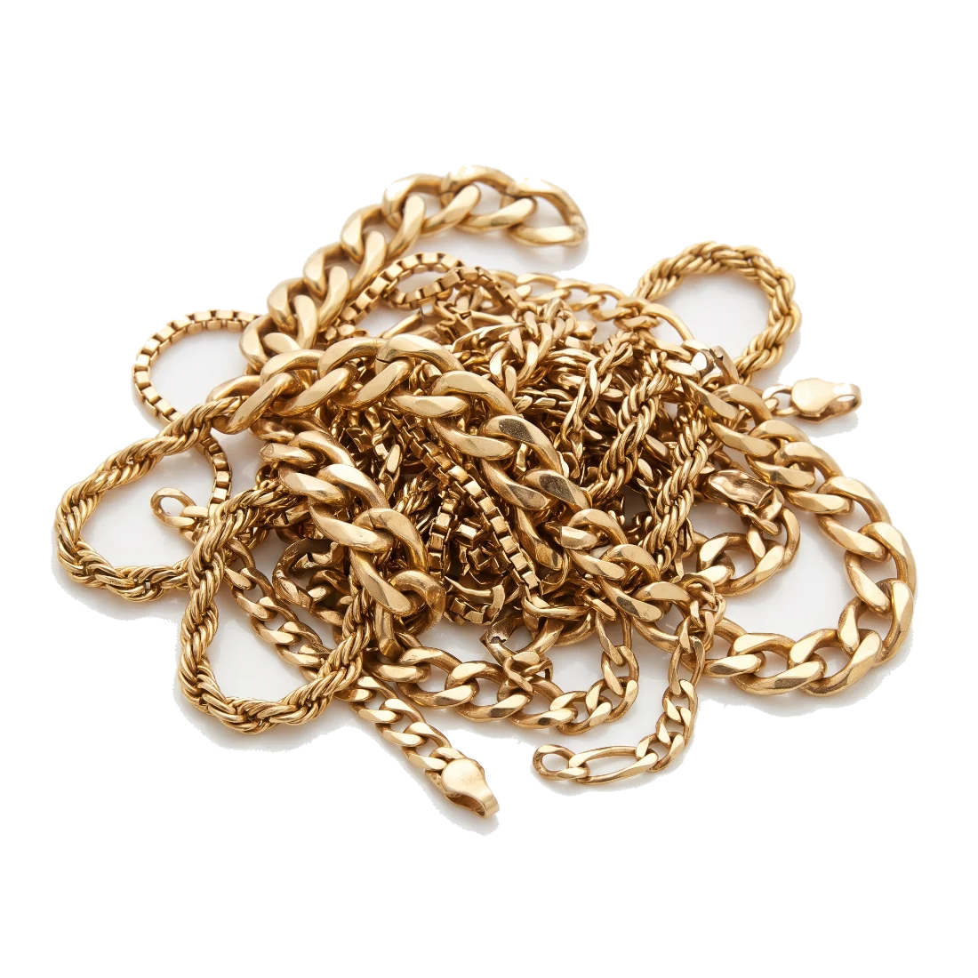 A tangled heap of yellow gold chains in mixed link styles, some with broken links and missing clasps.