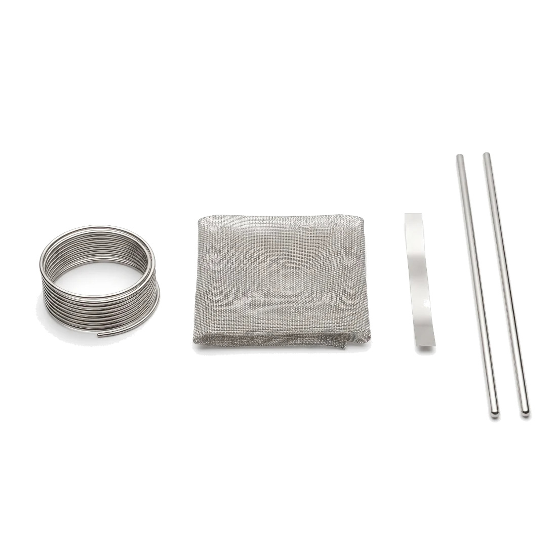 Platinum laboratory material: a coil of fine thermocouple wire, a folded square of woven gauze mesh, a flat ribbon strip and two stirring rods.