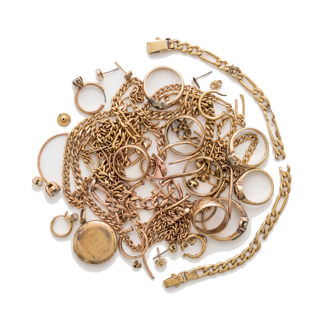 A pile of assorted scrap gold jewellery: broken chains, odd earrings and bent rings.