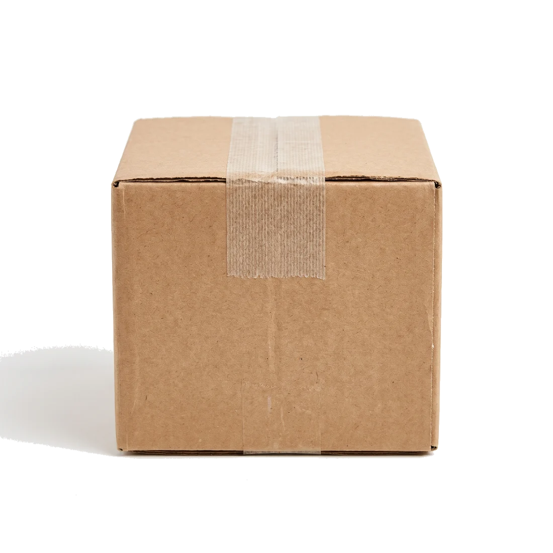A plain sealed corrugated shipping box with a security seal across the flap.