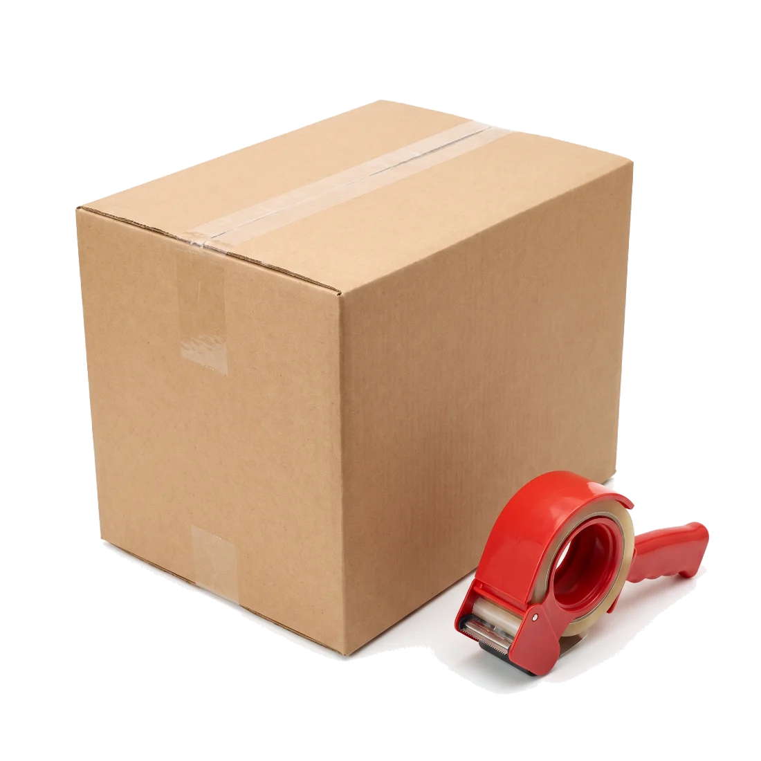 A sealed corrugated shipping box beside a handheld tape dispenser.