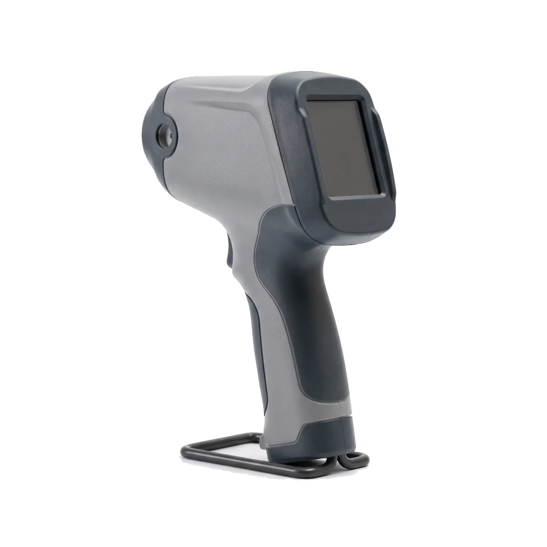 A handheld X-ray fluorescence analyser, an unbranded grey instrument with a pistol grip, resting on a stand.
